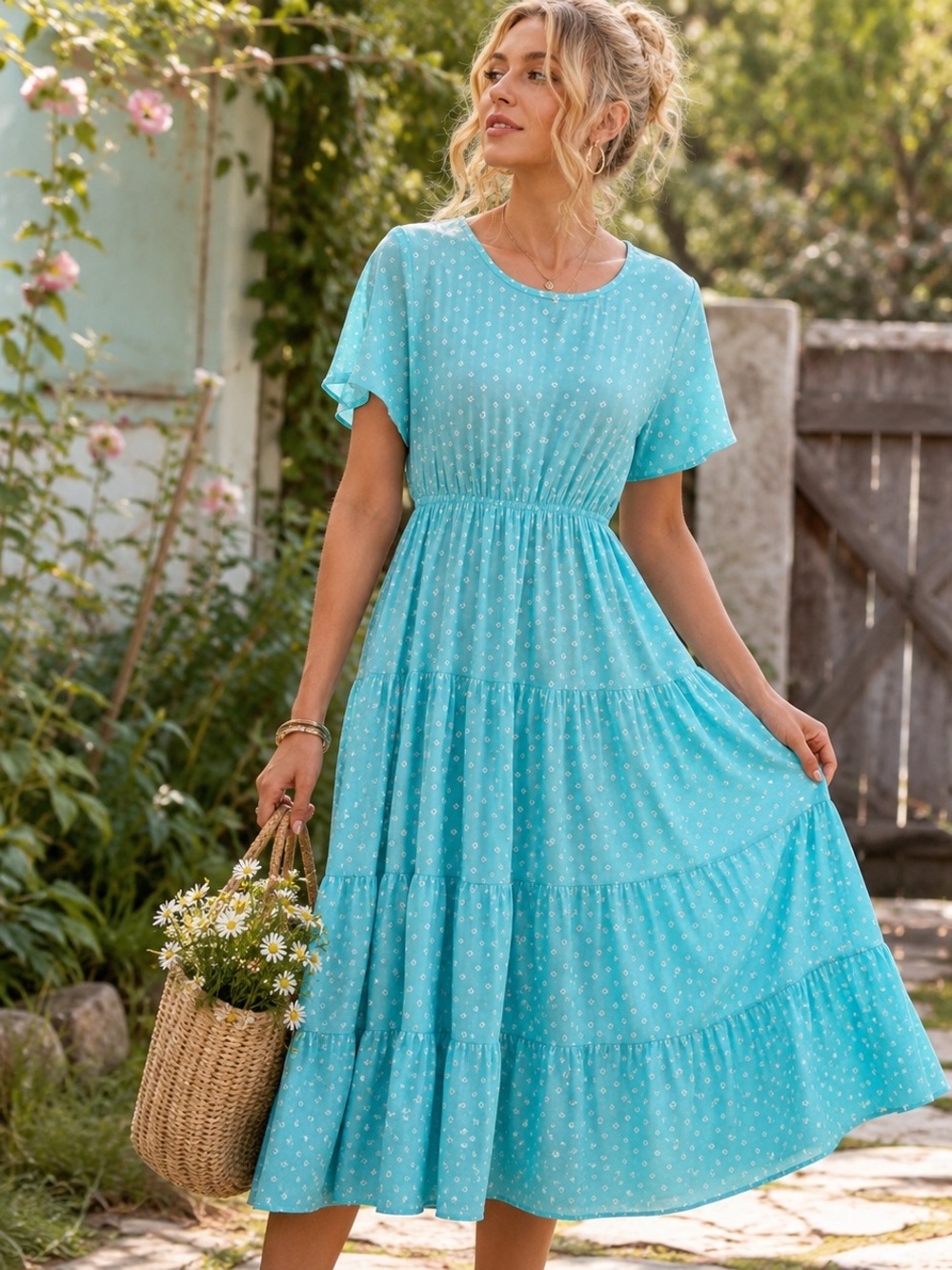 APRIL CORNELL Cici Dot Hostess Midi Dress in Turquoise